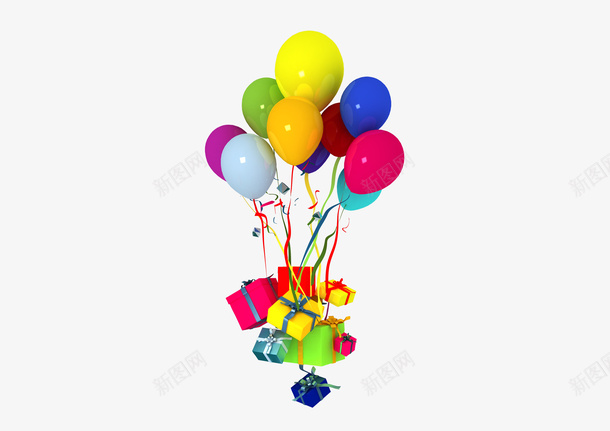 绑着气球的礼物盒psd免抠素材_新图网 https://ixintu.com 彩带 彩色 气球 氢气球 礼物