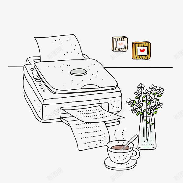 手绘打印机png免抠素材_新图网 https://ixintu.com 咖啡 打印机 植物