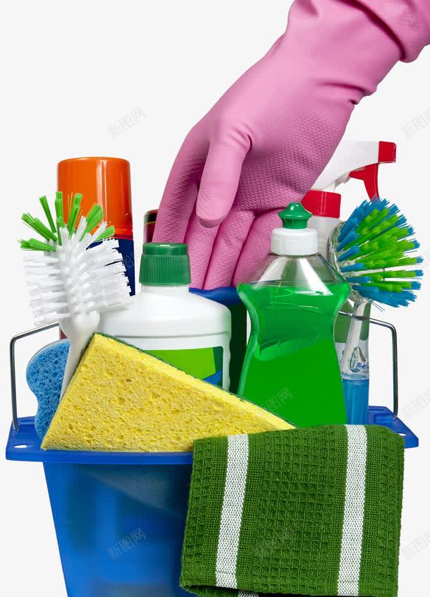 洗涤工具箱png免抠素材_新图网 https://ixintu.com 刷子 塑胶手套 水桶 洗涤液 高密度海绵