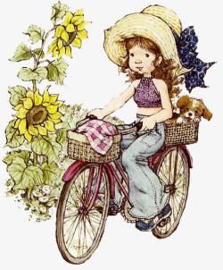 自行车向日葵女孩与向日葵手绘高清图片