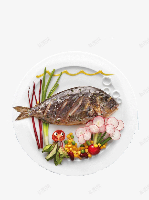 创意盘中的鱼png免抠素材_新图网 https://ixintu.com 创意 盘子 美食 艺术 食物 鱼
