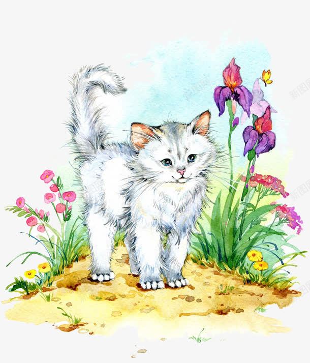 站在花丛中的猫png免抠素材_新图网 https://ixintu.com 免费素材 手绘 猫 花丛