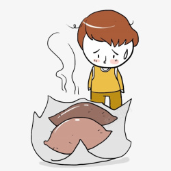 甜薯卡通手绘男孩和冒热气的烤红薯插高清图片