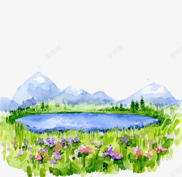 手绘湖边美景png免抠素材_新图网 https://ixintu.com 手绘风景 湖边 美景 花朵 风景