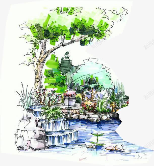 手绘喷泉园林png免抠素材_新图网 https://ixintu.com 喷泉 园林 素材