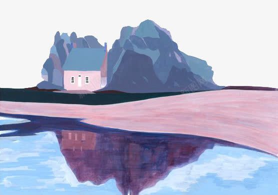 手绘山水边的房子png免抠素材_新图网 https://ixintu.com 水彩 粉色 蓝色 风景