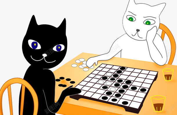 手绘下棋猫png免抠素材_新图网 https://ixintu.com 下围棋 下棋卡通 手绘下棋 手绘猫 桌椅 棋子 棋盘 观看下棋卡通