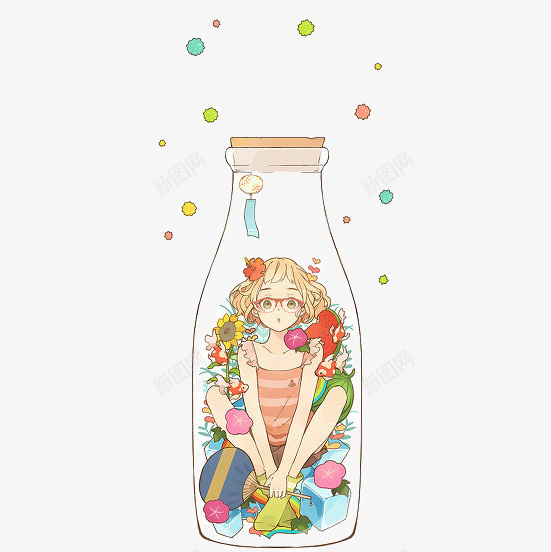 瓶子里面的女孩png免抠素材_新图网 https://ixintu.com 卡通女孩 可爱女孩 彩色 瓶子里的女孩
