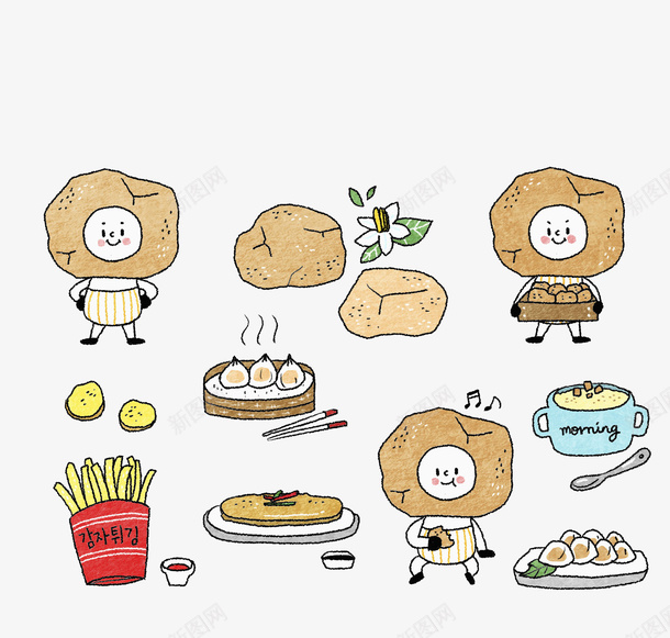 手绘美食png免抠素材_新图网 https://ixintu.com 包子 卡通 手绘 水彩 美食 薯条 食物