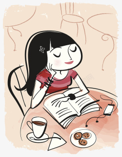 拖住装饰插图喝咖啡看书的女孩高清图片
