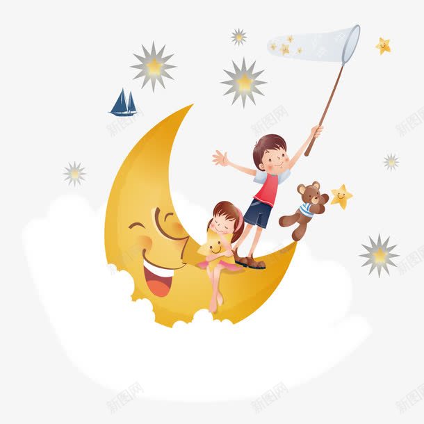 弯月上扑捉星星的儿童png免抠素材_新图网 https://ixintu.com 插画 教育 童话