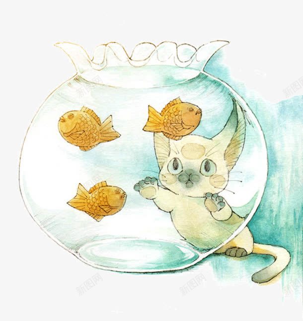 鱼缸中的鱼png免抠素材_新图网 https://ixintu.com 手绘 插画 猫 鱼 鱼缸