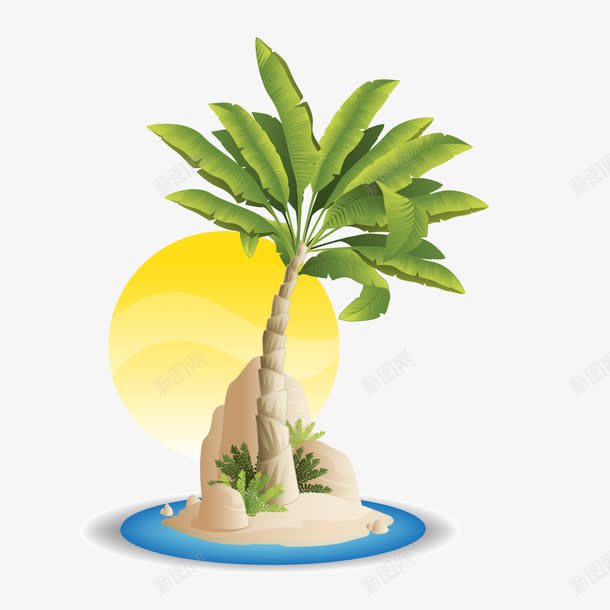 海边的椰子树png免抠素材_新图网 https://ixintu.com 卡通 叶子 太阳 树木 植物 椰子树 海边