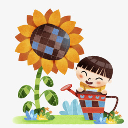 卡通浇花的男孩图素材