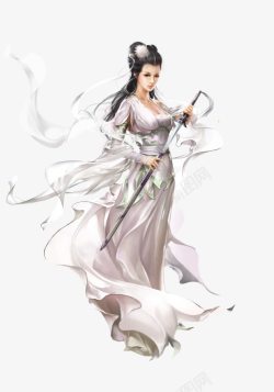 手绘创意合成白衣女子持剑素材