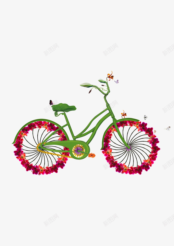 创意自行车出行psd免抠素材_新图网 https://ixintu.com 出行 出行季 创意图形设计 树叶 海报设计 绿色 绿色出行 自行车 花卉