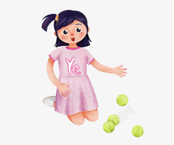 捡球水彩手绘捡网球的女孩高清图片
