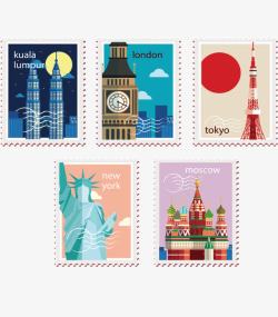 旅游纪念邮票五张旅游纪念邮票矢量图高清图片