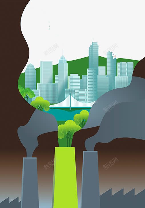 城市污染插画psd免抠素材_新图网 https://ixintu.com 城市建筑 空气污染 绿树 雾霾