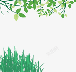 手绘绿色草树枝背景矢量图素材
