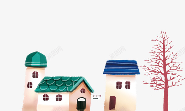 卡通绿色房子蓝色房子psd免抠素材_新图网 https://ixintu.com 卡通 树 绿色房子 蓝色房子