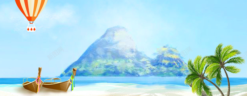 暑假海边度假卡通热气球蓝天背景背景