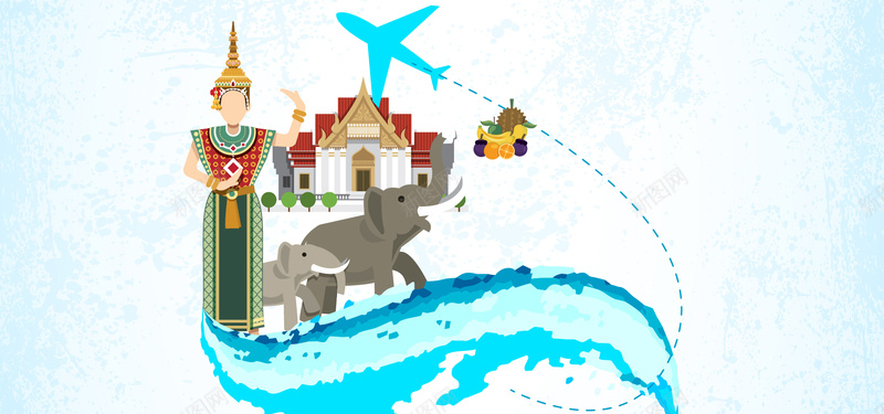 淘宝矢量卡通旅行泰国大象飞机蓝天海报背景背景