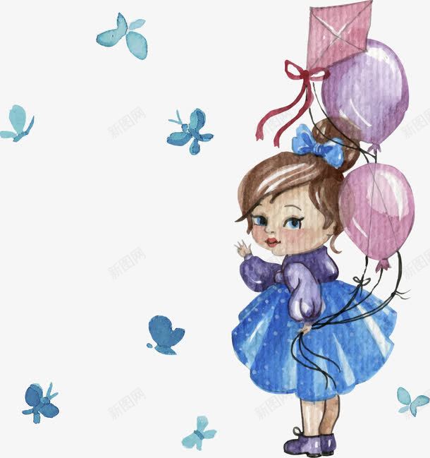 手绘水彩人物png免抠素材_新图网 https://ixintu.com 人物 卡通 小女孩 手绘 气球 水彩