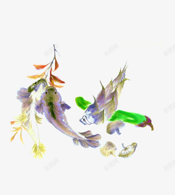 小鱼和竹笋png免抠素材_新图网 https://ixintu.com 一条 卡通 小鱼 手绘 棕色 竹笋 简图 紫色