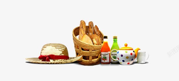 野餐食物png免抠素材_新图网 https://ixintu.com 帽子 瓶子 茶壶 野餐 面包