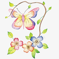 手绘花朵上的蝴蝶素材