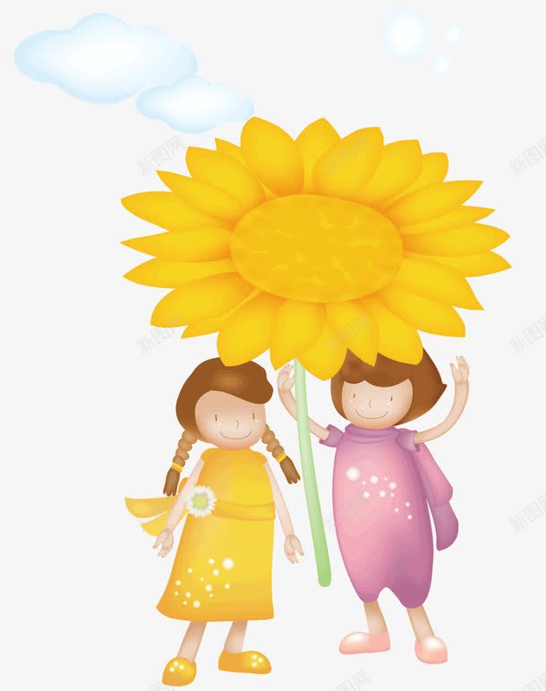 花朵下的人png免抠素材_新图网 https://ixintu.com 卡通 向日葵 小女孩 花朵 躲雨 黄色的花