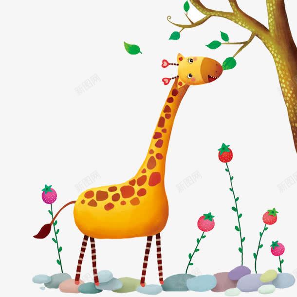 吃树叶的长颈鹿png免抠素材_新图网 https://ixintu.com 动物 卡通 手绘 树叶 绿色的 长颈鹿 黄色的