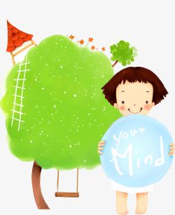卡通小女孩与绿色小树素材