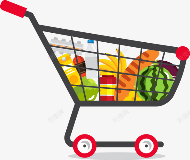装满食品的灰色购物车png免抠素材_新图网 https://ixintu.com 一辆购物车 各式食品 水果 灰色购物车 装满食品 面包