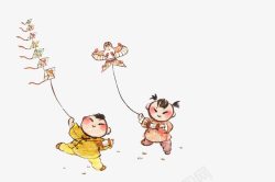 中国风手绘放风筝素材