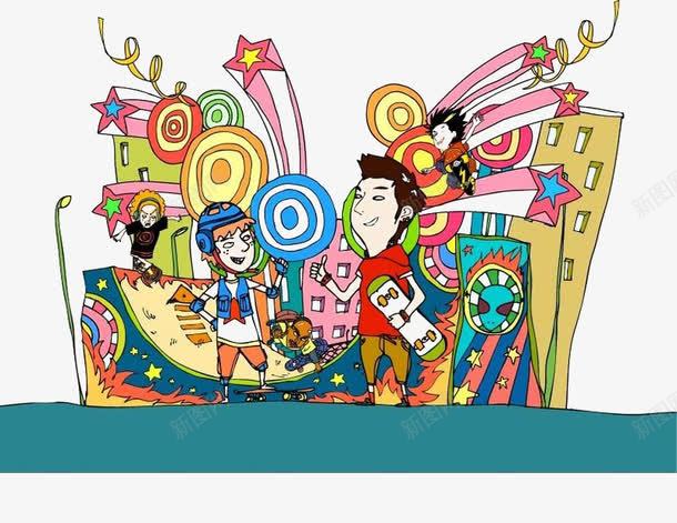 彩色五角星城市中的滑板少年png免抠素材_新图网 https://ixintu.com 创意 卡通 手绘 滑板