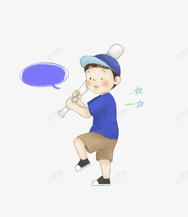 棒球男孩png免抠素材_新图网 https://ixintu.com 可爱 帽子 手绘 星星 棒球棍 棒球男孩 棕色中裤 蓝色对话框