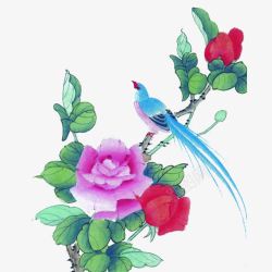 水墨画蓝色花朵蓝色鸟素材