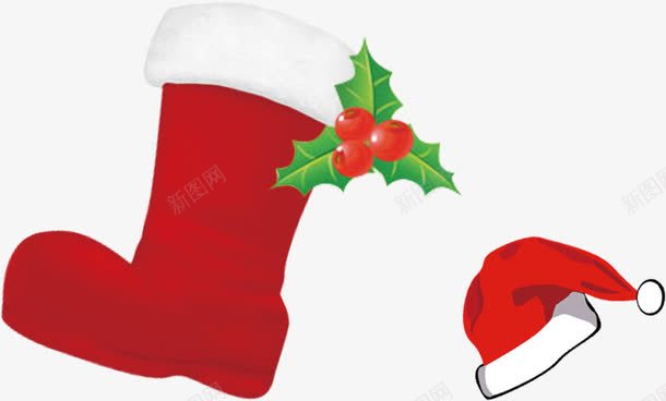 红色靴子帽子圣诞叶子果实图案png免抠素材_新图网 https://ixintu.com 卡通 圣诞 手绘 礼物 红色