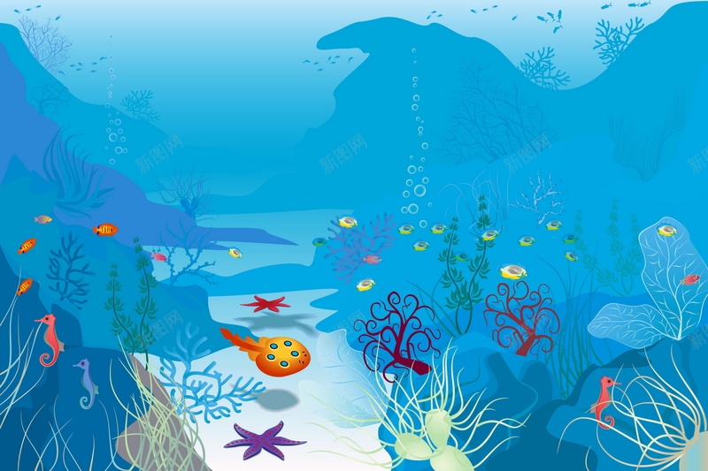 海洋公园矢量图ai设计背景_新图网 https://ixintu.com 卡通 手绘 海底世界 海洋 海洋公园 海草 生物 童趣 蓝色 鱼类 矢量图