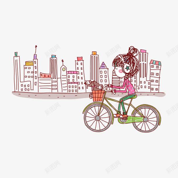 卡通手绘可爱女孩自行车城市png免抠素材_新图网 https://ixintu.com 卡通 可爱 城市 女孩 手绘 自行车