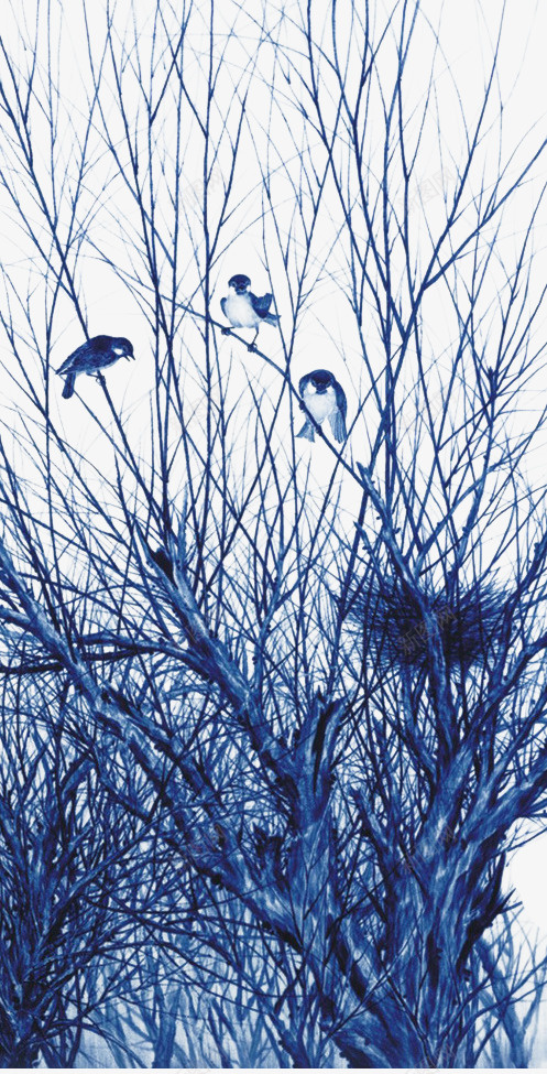 树枝小鸟png免抠素材_新图网 https://ixintu.com 写实 冬 枯树 油笔画 蓝色 陶瓷蓝