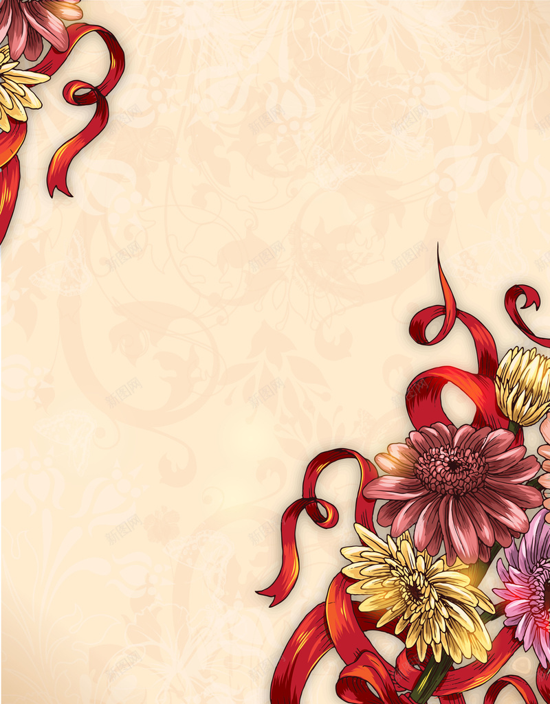 红色花朵与绸带组合背景矢量图ai设计背景_新图网 https://ixintu.com 优雅 女人 海报 红色 绸带 美妆 背景 花朵 矢量图