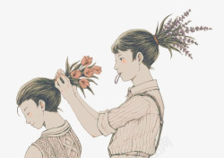 头发绑一起两个把花绑进头发里的姑娘高清图片