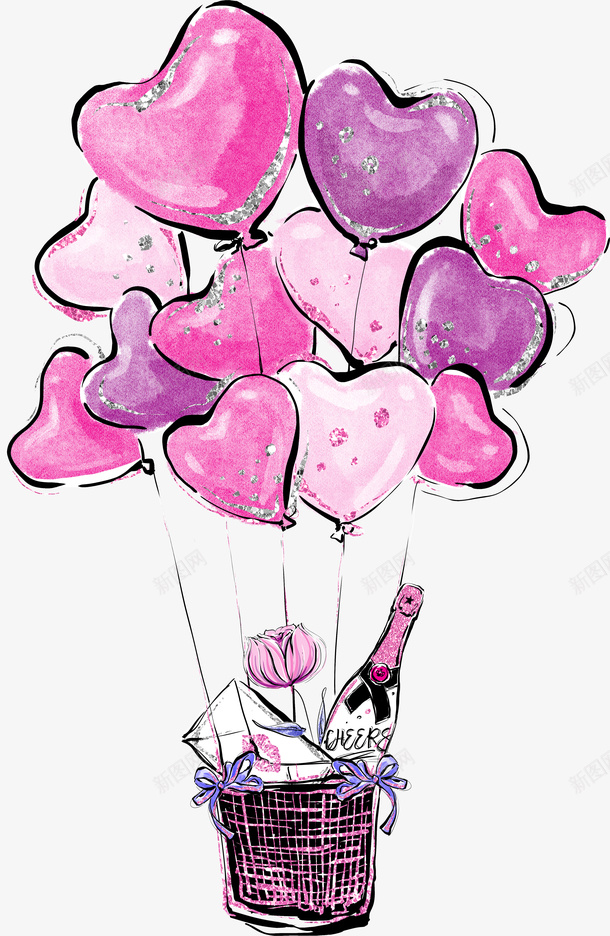 卡通手绘粉色的爱心气球png免抠素材_新图网 https://ixintu.com 创意 动漫动画 卡通手绘 简约 粉色的爱心气球 花朵