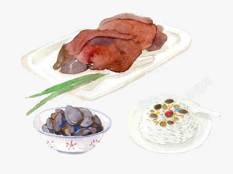 手绘餐桌上的食物psd免抠素材_新图网 https://ixintu.com 手绘 插画 烤鸭 米饭 茄子