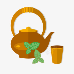 手提茶壶茶壶茶杯绿叶矢量图高清图片