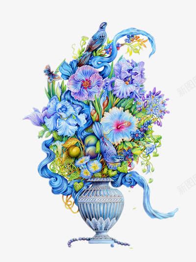 鲜花与鸟png免抠素材_新图网 https://ixintu.com 小鸟 花瓶 蓝色 装饰 鲜花
