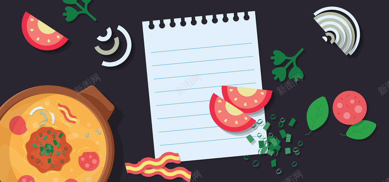 淘宝创意汤料菜谱纸张西红柿矢量卡通海报背景